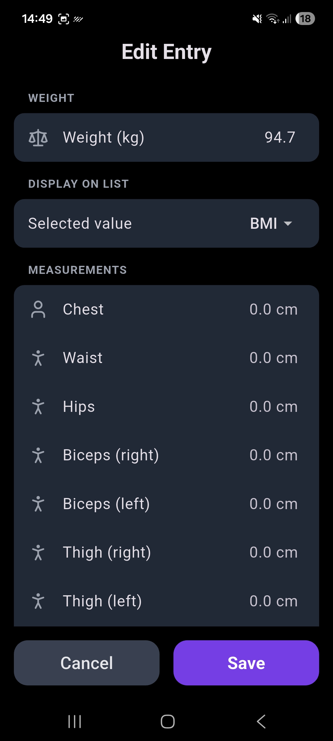Weight Tracker — pomiary ciała i obwodów