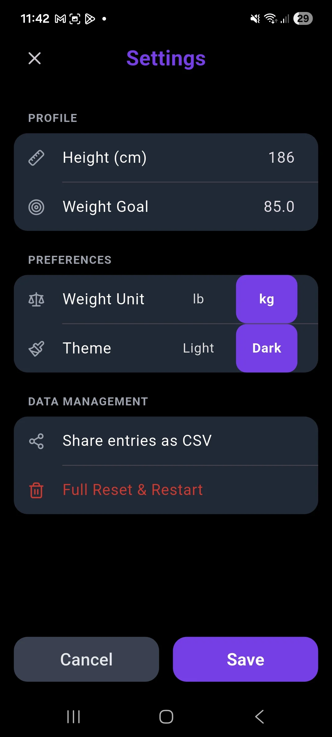 The Weight Tracker — data export and privacy settings